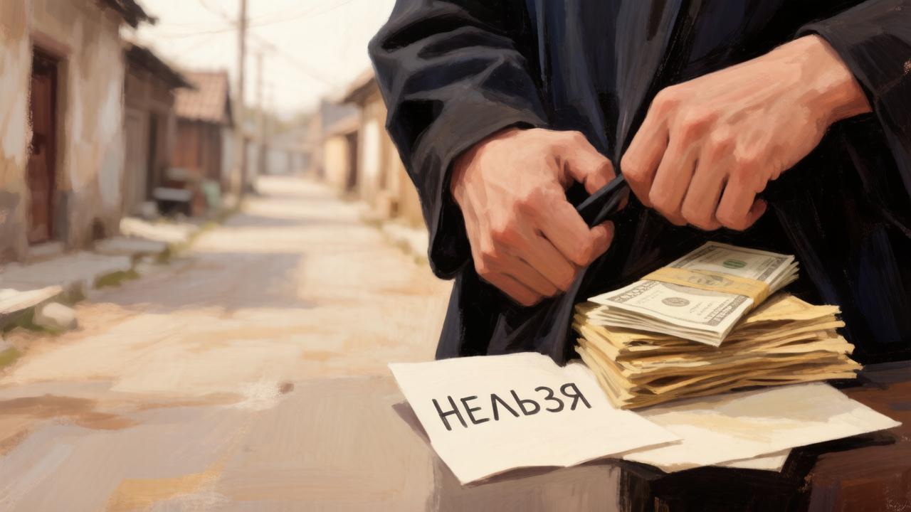 Руки, отодвигающие чёрную одежду и деньги с запиской «Нельзя» — иллюстрация к запретам дня Евпатия Коловрата
